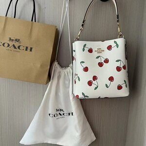 White Coach Leather Heart Cherry Mollie Bucket Bag